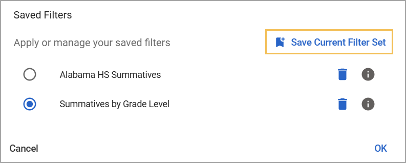 Options to manage saved filters with a button to save current filter set.